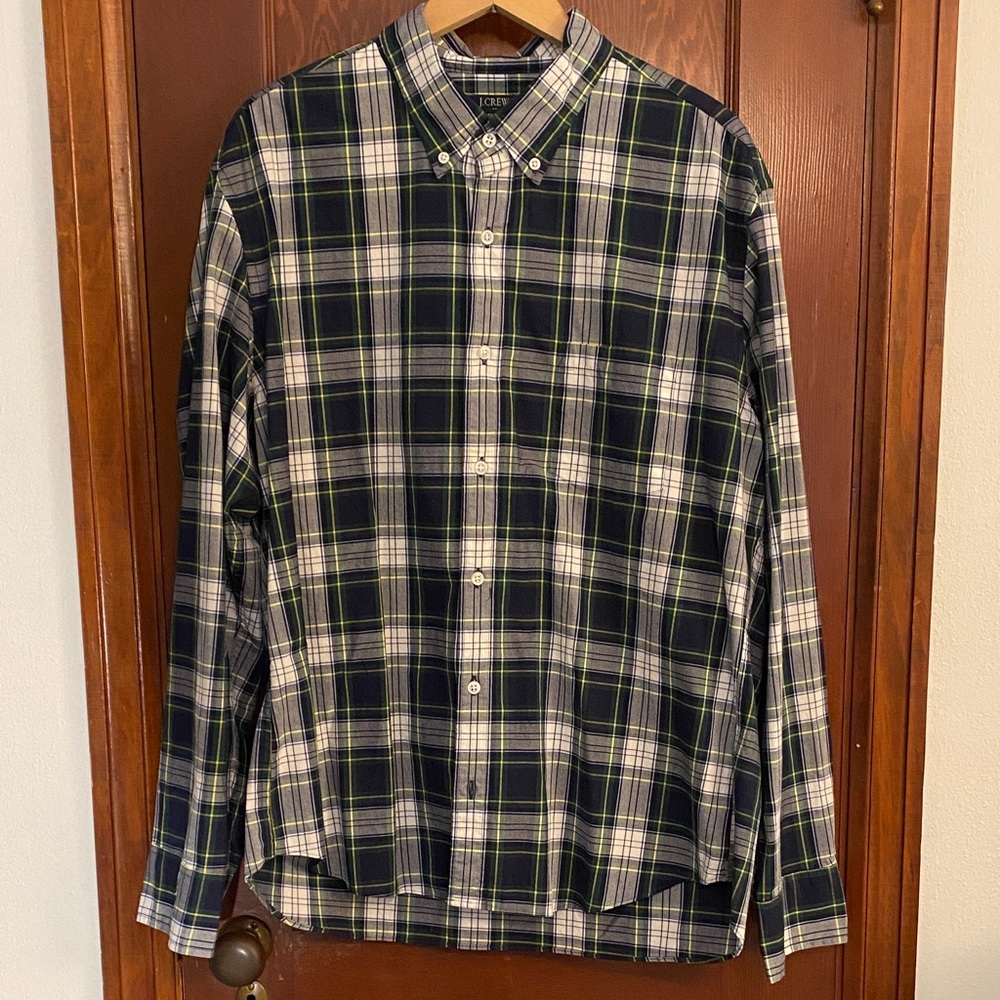 J. Crew Men's Casual Plaid Shirt - Navy, Green and White